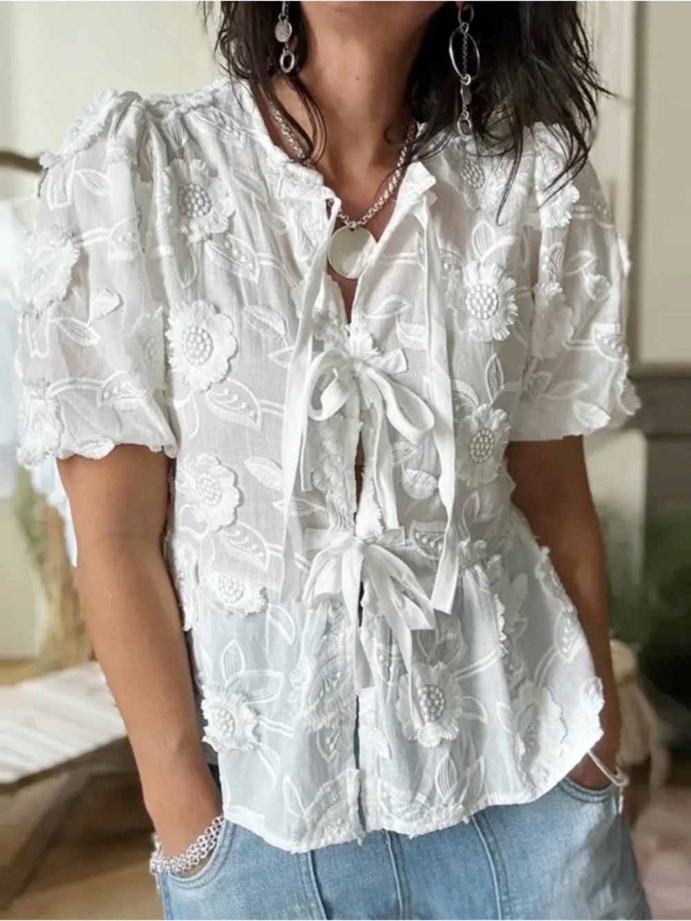 Petal & Pup White Floral Tie-Front Embroidered Blouse